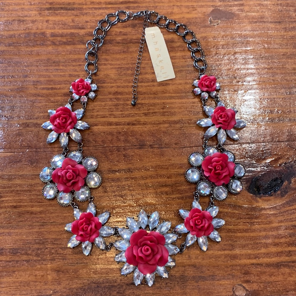 Rare M. Haskell Red Rose & Rhinestone Statement Necklace